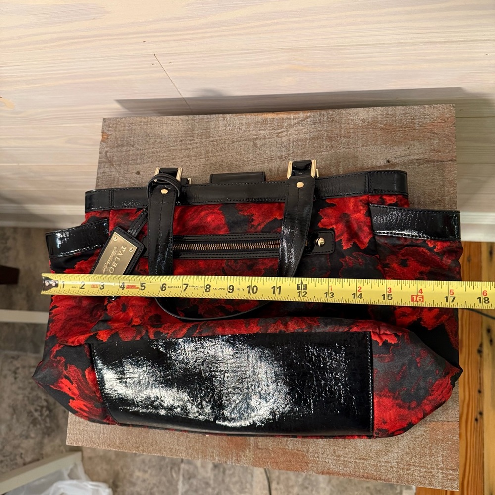 Talbots Black Red Floral Fabric Shoulder Tote Black Faux Patent Leather Trim - Picture 12 of 13
